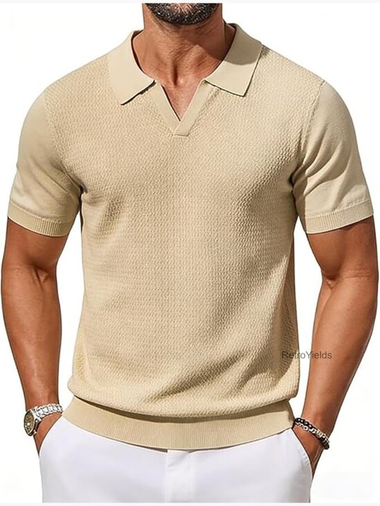 Other - Men's Textured V-Neck Short Sleeve Polo Shirt - Casual Golf Pullover
